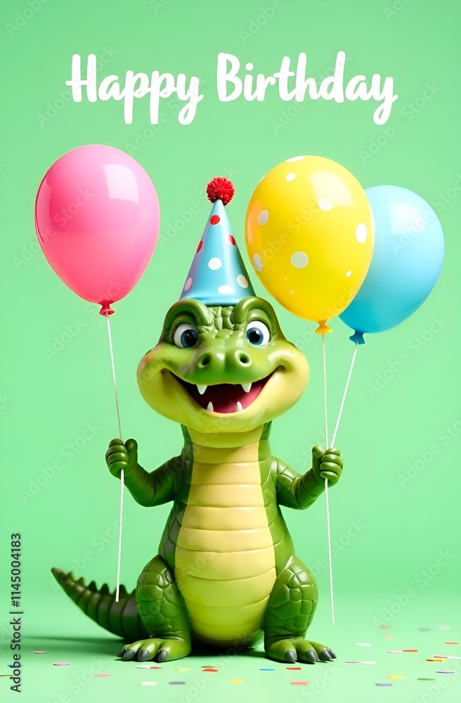 A happy crocodile in a party hat balances three colorful balloons