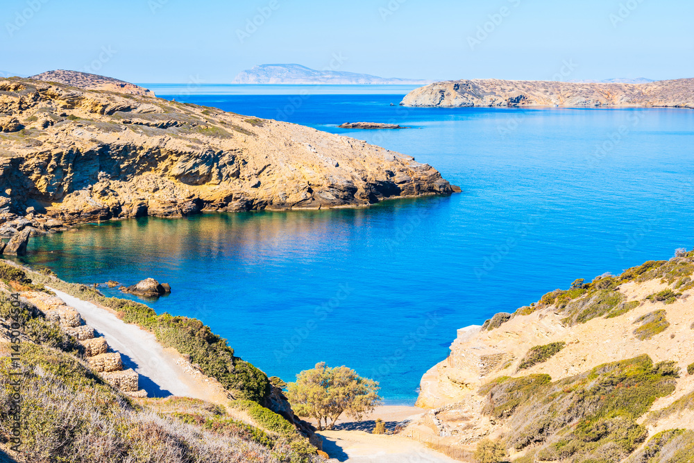 View of sandy Paradisia beach and sea coast, Amorgos island, Cyclades, Greece