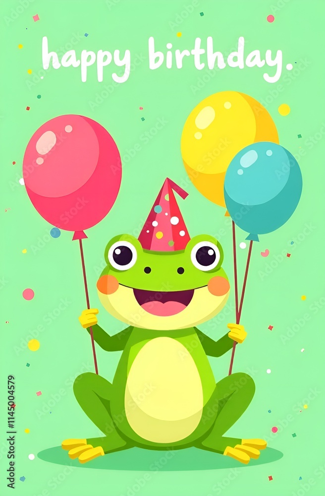 A happy frog in a party hat balances three colorful balloons