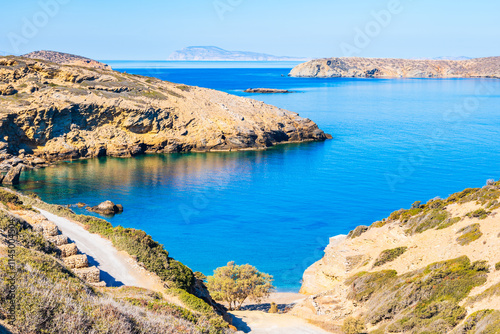 Obraz na płótnie View of sandy Paradisia beach and sea coast, Amorgos island, Cyclades, Greece w salonie