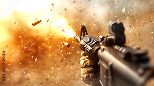 soldier fires assault rifle amidst flying bullet casings and sparks photo