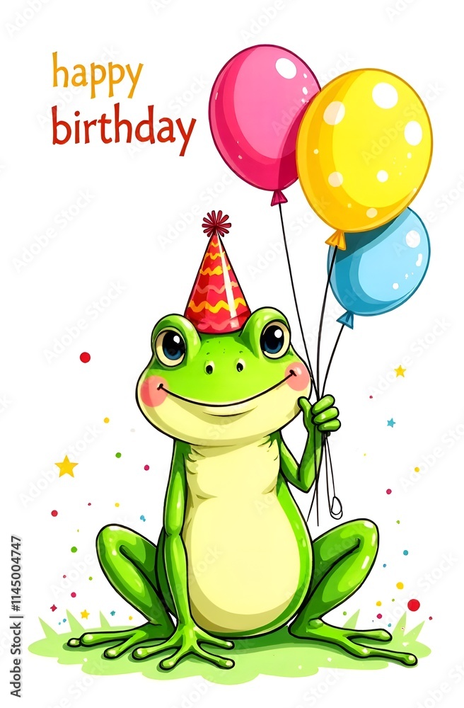 A happy frog in a party hat balances three colorful balloons
