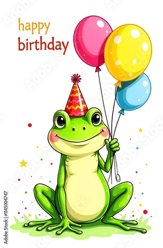 Obraz na płótnie A happy frog in a party hat balances three colorful balloons w salonie