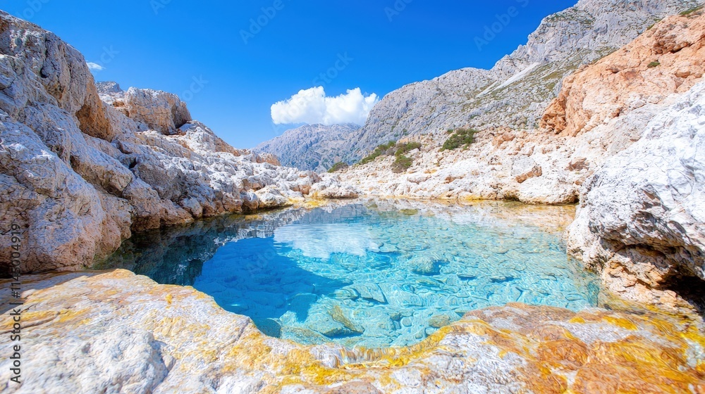 Obraz premium Crystal clear turquoise water fills a natural rock pool nestled in a rugged mountain landscape under a bright blue sky.