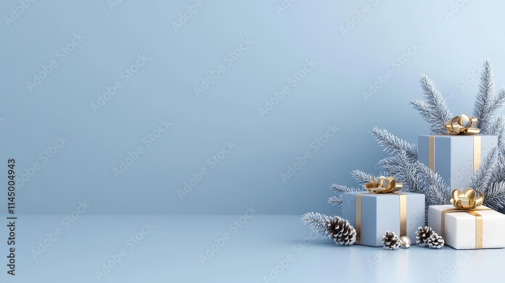 Fototapeta premium Minimalist Christmas arrangement with white candles, frosted fir branches, and golden accents on a blue background, radiating festive elegance and winter tranquility