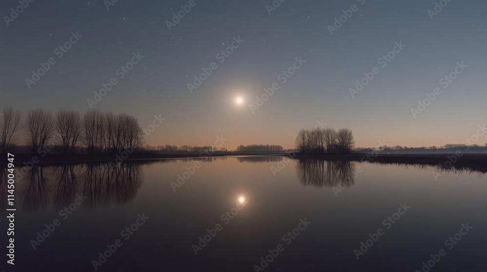 Serene Moonlit Night with Reflective River and Silhouetted Trees, Tranquil Nature Landscape under Starry Sky, Ai Generation Serene Moonlit Night with Reflective River and Silhouetted Trees, Tranquil Nature Landscape under Starry Sky, Ai Generation