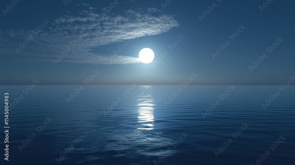 Full Moon Reflected on Calm Ocean Waters at Night, Tranquil Seascape Under Starry Sky with Serene Atmosphere and Soft Moonlight, Ai Generation Full Moon Reflected on Calm Ocean Waters at Night, Tranquil Seascape Under Starry Sky with Serene Atmosphere and Soft Moonlight, Ai Generation