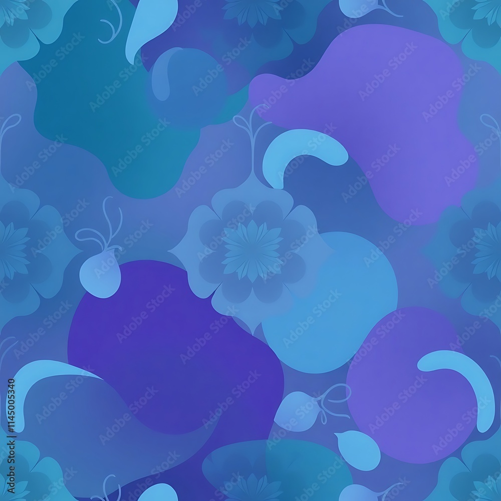 Serene Blue Floral Pattern: Abstract seamless pattern featuring stylized flowers and organic shapes in calming shades of blue and purple, perfect for textile design, wallpaper, or branding. Serene Blue Floral Pattern: Abstract seamless pattern featuring stylized flowers and organic shapes in calming shades of blue and purple, perfect for textile design, wallpaper, or branding.