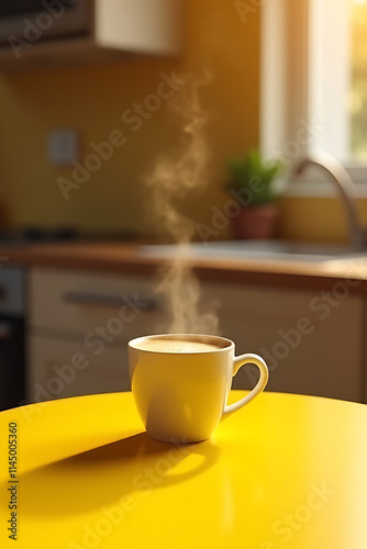 Aromas of vanilla waft from a steaming coffee cup placed on a bright yellow table in a warm kitchen setting._00002_