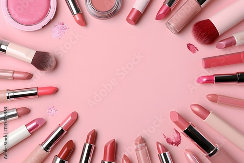 Pink lipsticks, blush, and makeup tools arranged in a semicircle on a pastel pink background, flat lay composition with copy space


