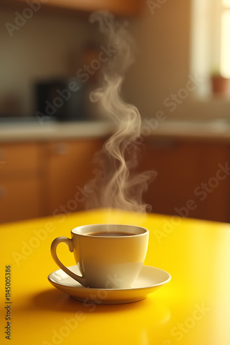 Aromas of vanilla waft from a steaming coffee cup placed on a bright yellow table in a warm kitchen setting._00001_