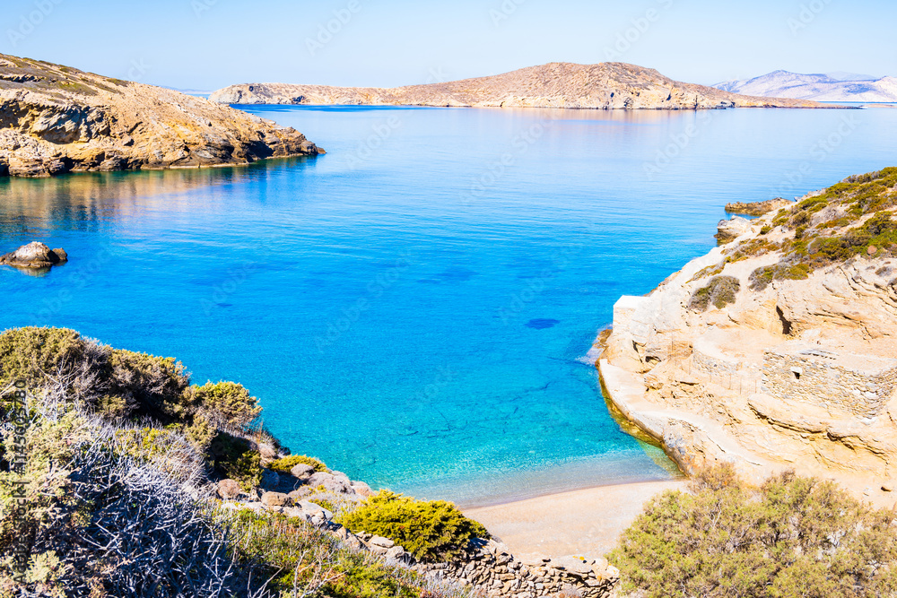 View of sandy Paradisia beach and sea coast, Amorgos island, Cyclades, Greece