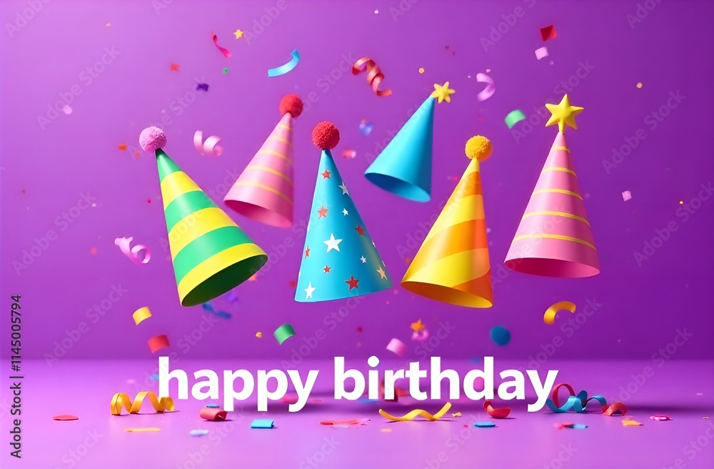 Birthday card with party hats and confetti on purple background