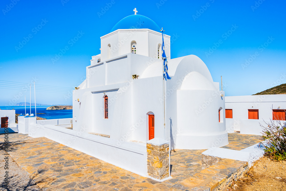 White typical Greek church of Agia Paraskevi, Amorgos island, Cyclades, Greece