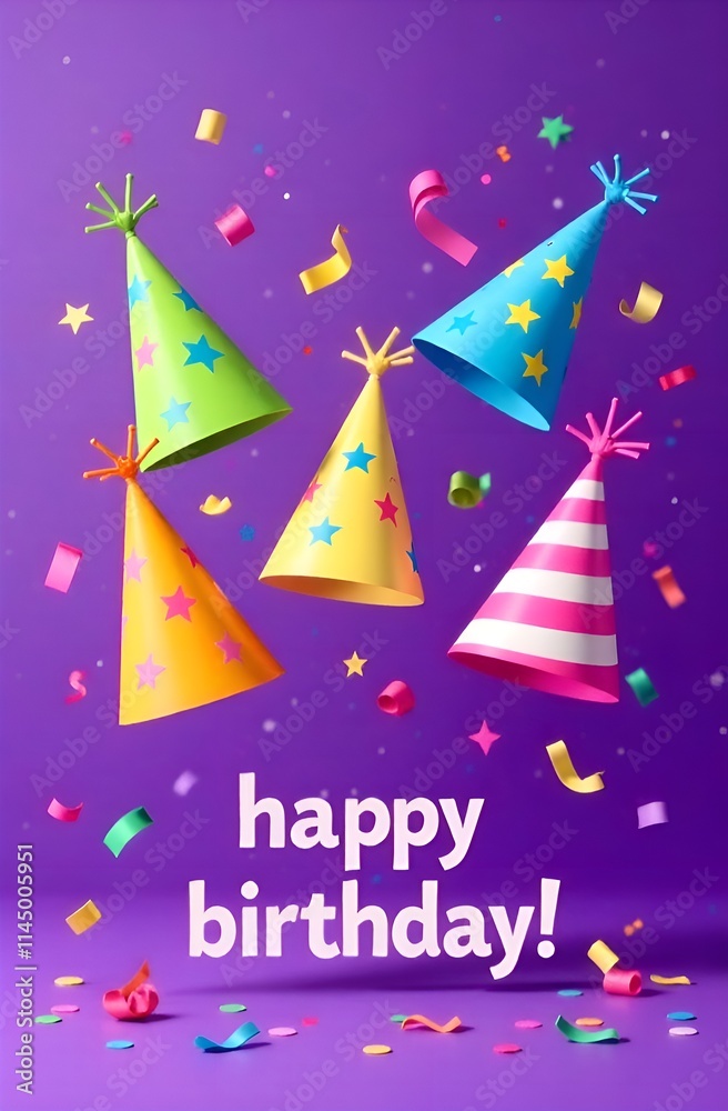 Birthday card with party hats and confetti on purple background
