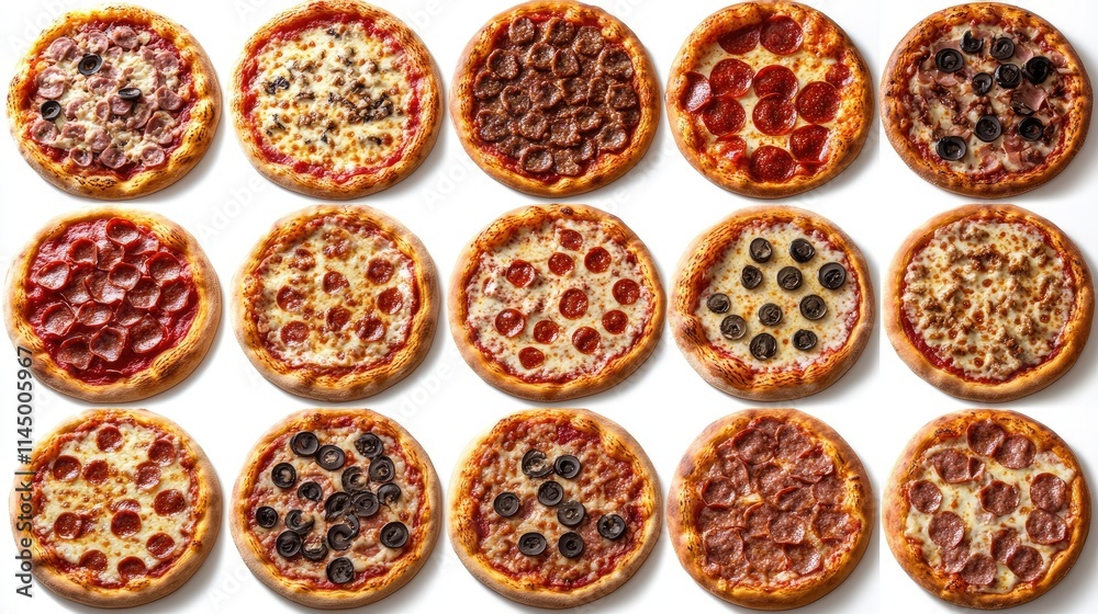 Variety of pizza with different toppings in a full frame. Variety of pizza with different toppings in a full frame.