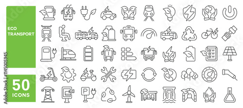 Set of 50 line icons related to eco transport, vehicle, sustainability, bus, car, bike, train, ecology, friendly, charge, green, transportation, Editable stroke. Vector illustration