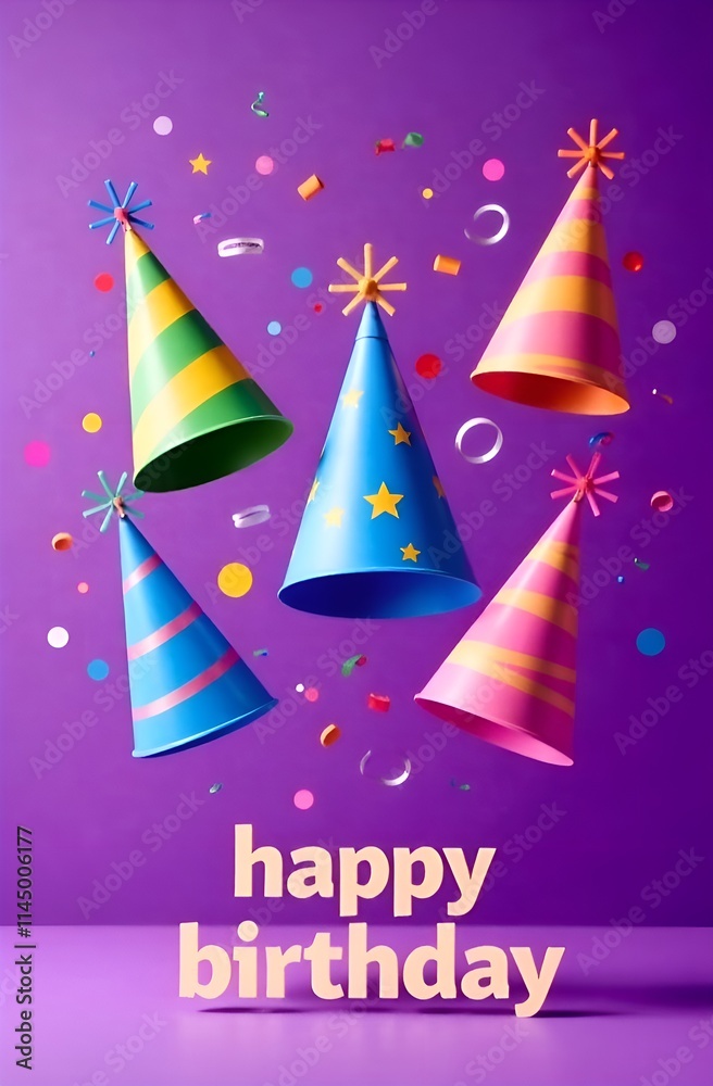 Birthday card with party hats and confetti on purple background