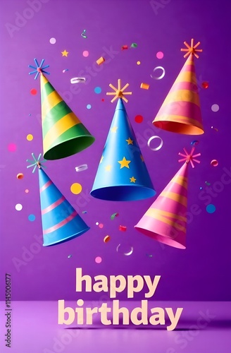 Obraz na płótnie Birthday card with party hats and confetti on purple background w salonie