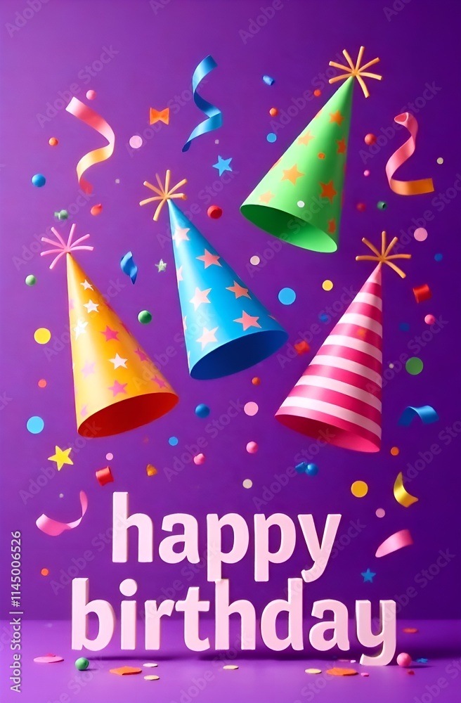 Birthday card with party hats and confetti on purple background