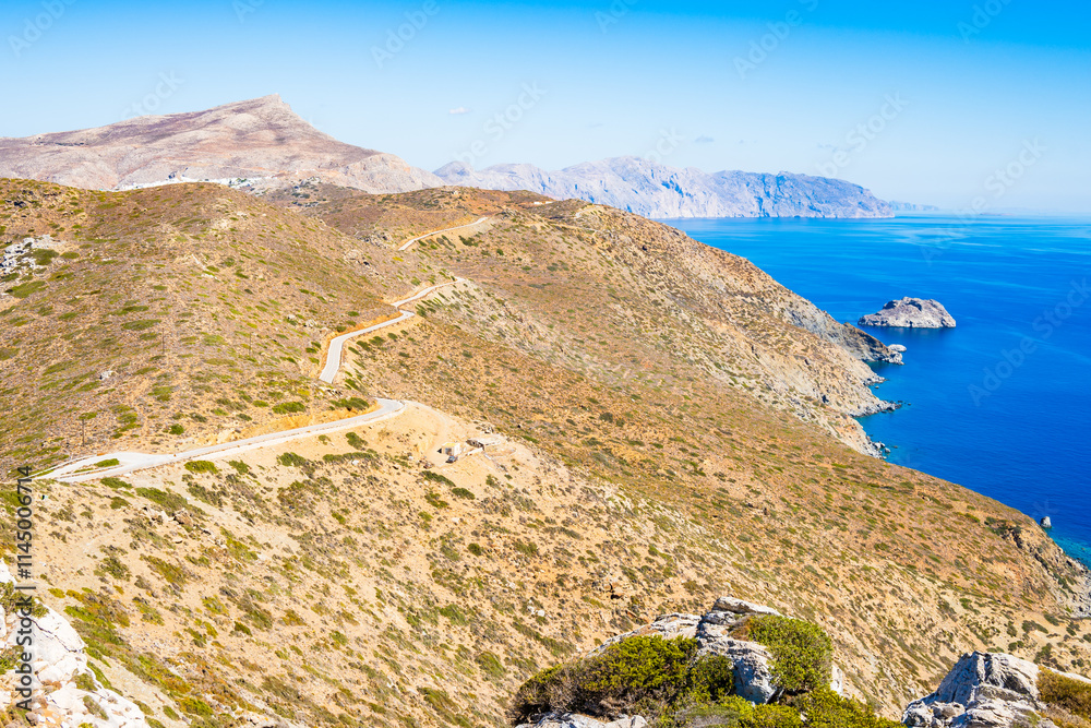 Scenic road among mountain landscape, Amorgos island, Cyclades, Greece