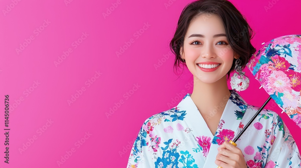 Smiling woman in yukata with floral umbrella. Smiling woman in yukata with floral umbrella.
