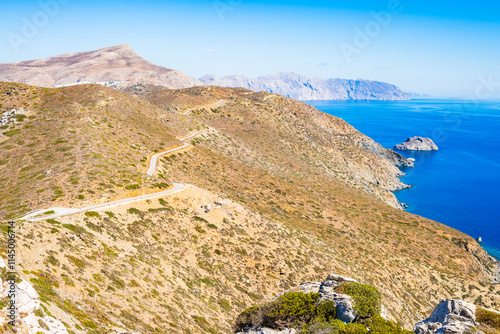 Obraz na płótnie Scenic road among mountain landscape, Amorgos island, Cyclades, Greece w salonie