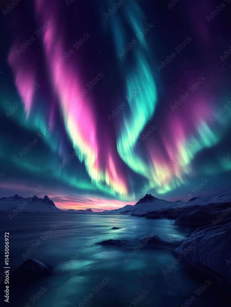 Fototapeta premium Aurora's Dance Over Arctic Waters - vibrant northern lights painting the night sky with hues of green, blue, and purple over a serene Arctic landscape.