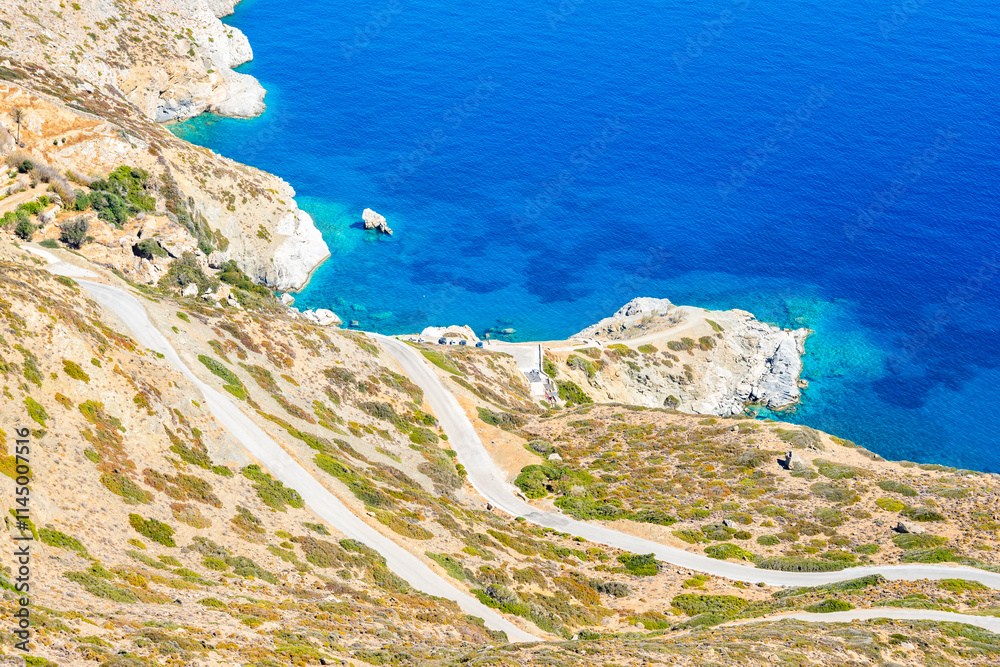 Scenic mountain road to Agia Anna beach, Amorgos island, Cyclades, Greece