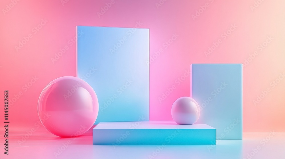 Abstract composition featuring geometric shapes, spheres, and blocks in pastel colors, creating a modern and playful aesthetic with soft lighting effects Abstract composition featuring geometric shapes, spheres, and blocks in pastel colors, creating a modern and playful aesthetic with soft lighting effects
