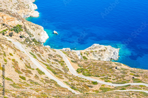 Scenic mountain road to Agia Anna beach, Amorgos island, Cyclades, Greece