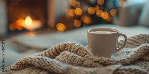 Suitable for ads for winter products with a hazy flame behind, a cosy coffee mug  on a warm blanket makes a soothing and soft surroundings, Generative AI.