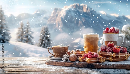 A counter with muffins and caffeine and other breakfast items and snacks amid a wintry mountain in the distance and a vacant area, Generative AI.