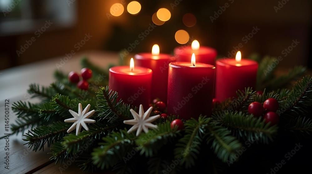 Christmas Candles Surrounded by Festive Greenery, Red Berries, and Warm Holiday Glow on a Table
Christmas Candles Surrounded by Festive Greenery, Red Berries, and Warm Holiday Glow on a Table