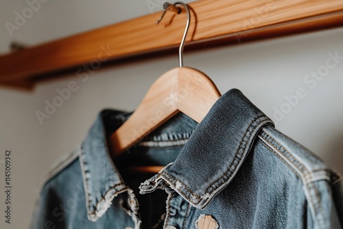 Second hand denim jacket with distressed details promoting sustainability photo