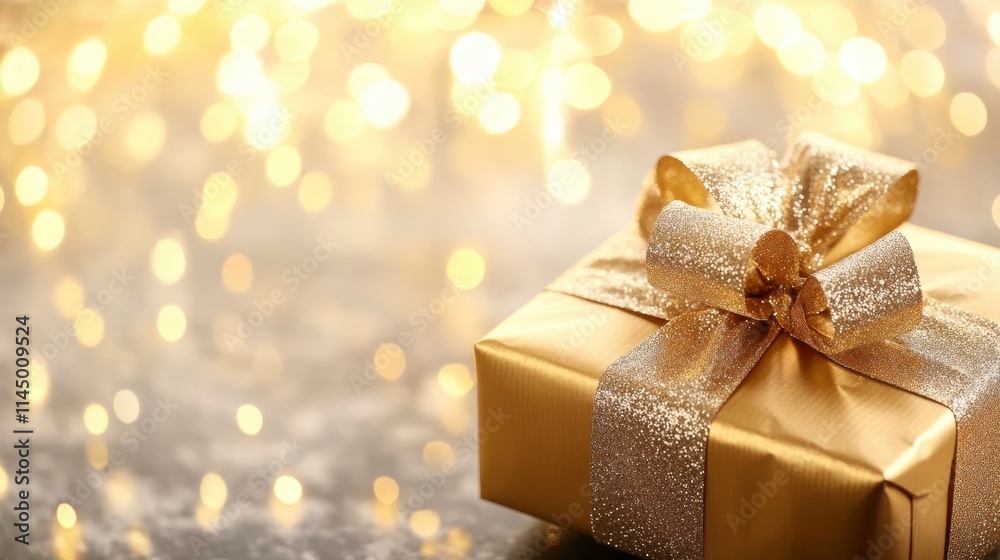 A beautifully wrapped golden gift box with a shiny ribbon, set against a sparkling, blurred background of warm, golden lights. A beautifully wrapped golden gift box with a shiny ribbon, set against a sparkling, blurred background of warm, golden lights.