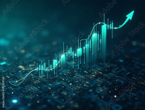 Upward trending financial chart on digital circuit board background