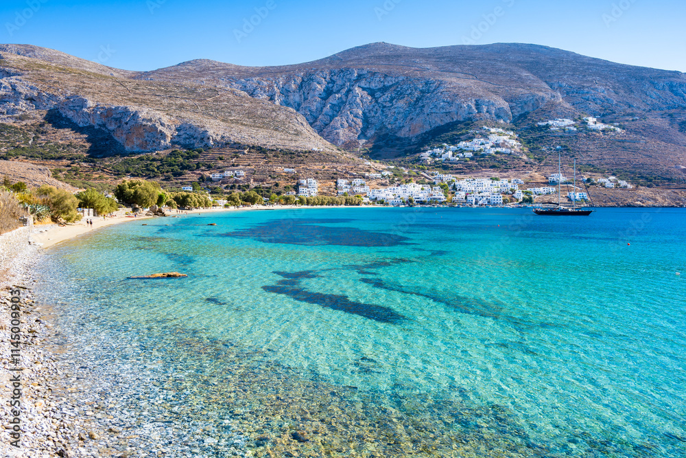 View of idyllic sandy beach in Aigiali bay (Ormos Egialis), Amorgos island, Cyclades, Greece