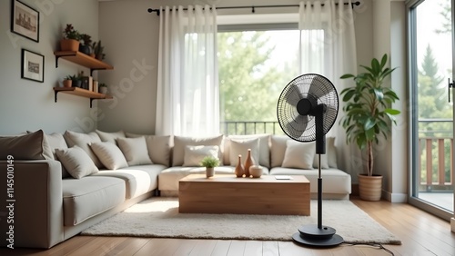 A stand fan cooling down the temperature of the living room during the hot summer season photo