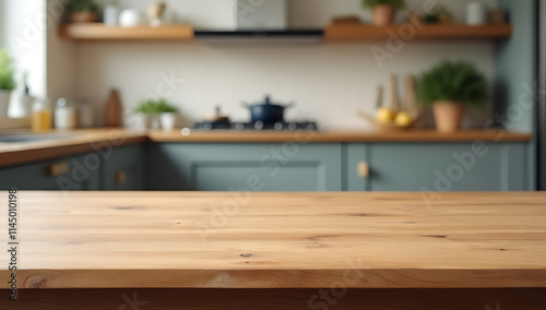 A wooden table top sits in a blurred kitchen setting against a busy countertop background area._00001_