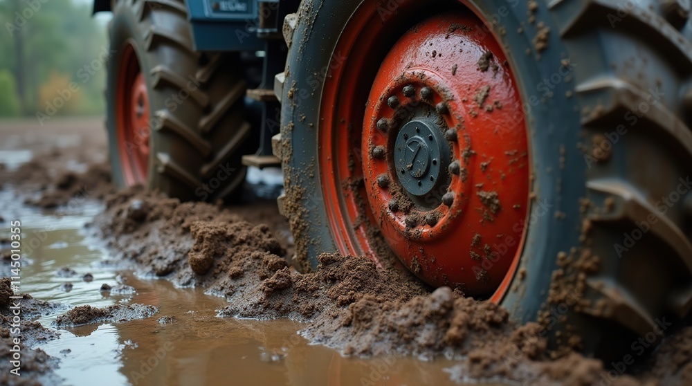 Close-Up of Tractor Tire Stuck in Deep Mud and Puddles Close-Up of Tractor Tire Stuck in Deep Mud and Puddles