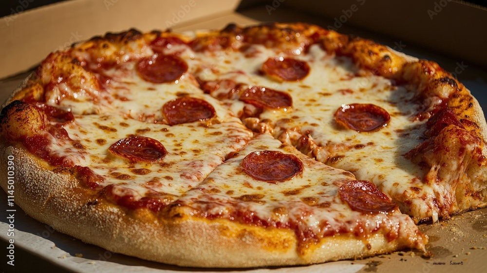 Delicious pepperoni pizza in a box, partially eaten.