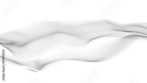 Wave of flowing particles on white background. Abstract backdrop with dynamic elements of waves and dots. Vector