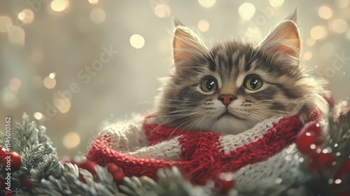 A cute kitten in a cozy sweater sits among festive greenery, gazing adorably with twinkling lights in the background.