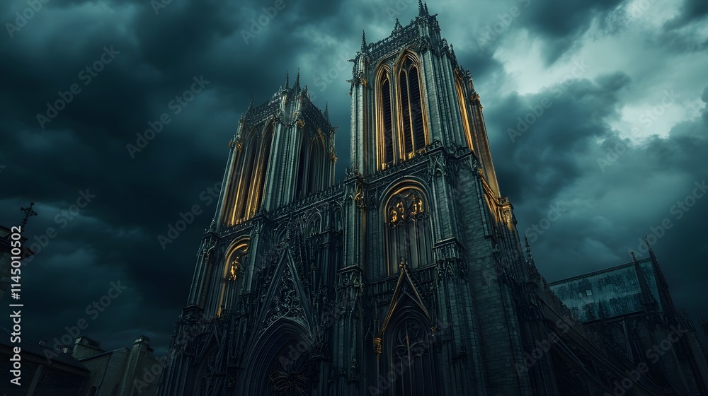 Naklejka premium Towering Gothic Cathedral Under Stormy Sky with Dramatic Lighting