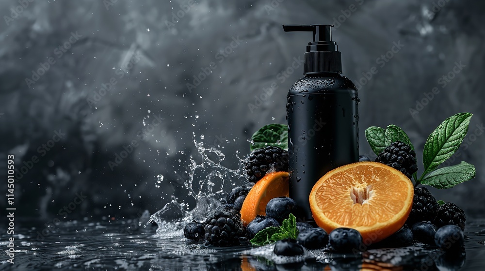 Black skincare bottle mock-up with orange mist and berry-splashed liquids over a dark backdrop with advertisement space, Generative AI. Black skincare bottle mock-up with orange mist and berry-splashed liquids over a dark backdrop with advertisement space, Generative AI.