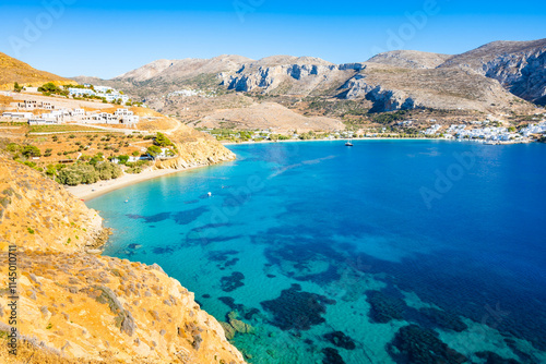 Obraz na płótnie View of amazing sandy Hochlaka beach in Aigiali bay (Ormos Egialis), Amorgos island, Cyclades, Greece w salonie