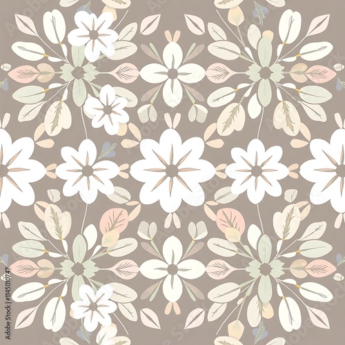 Floral Pattern Seamless: A delicate and charming floral pattern, featuring a seamless repeat of white flowers and pastel leaves on a soft brown background.
