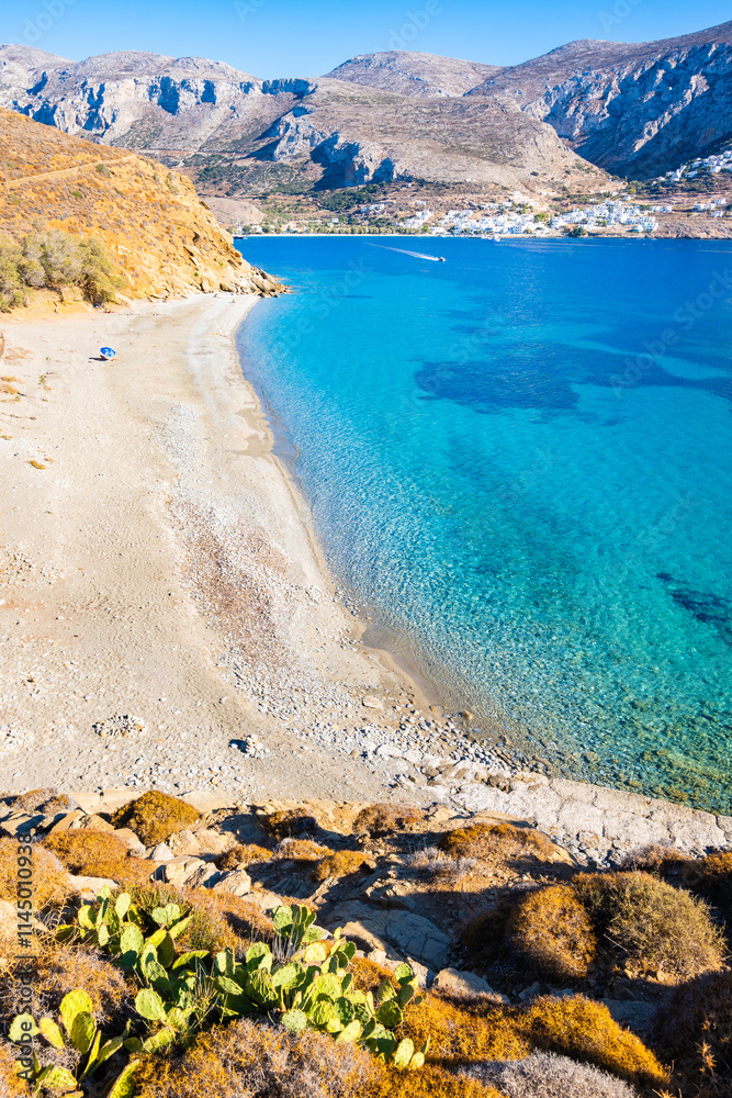 View of amazing sandy Hochlaka beach in Aigiali bay (Ormos Egialis), Amorgos island, Cyclades, Greece