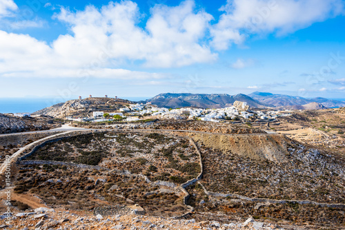 View of Chora village and mountains, Amorgos island, Cyclades, Greece